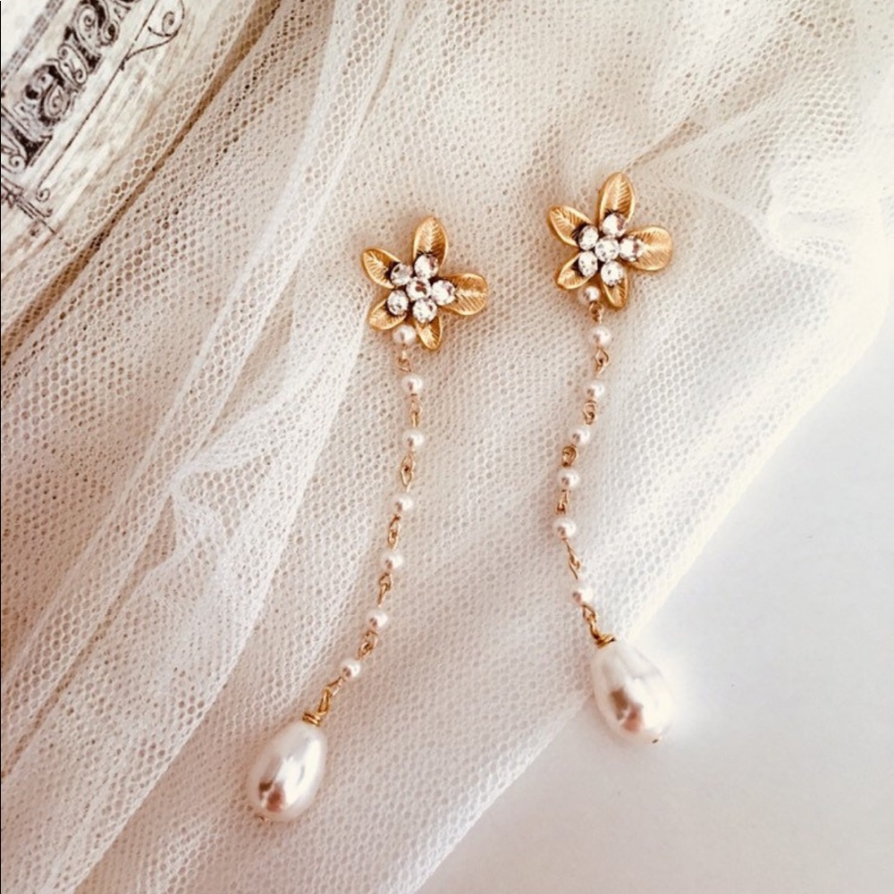 Gold Pearl Drop Dangle Earrings - Flower Bridal